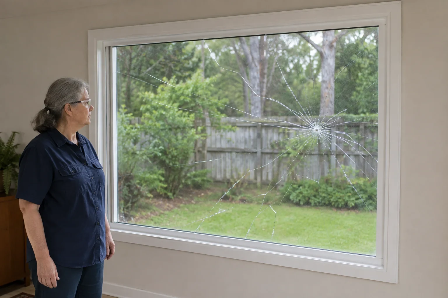 Woman examining a cracked pane in a white window frame.