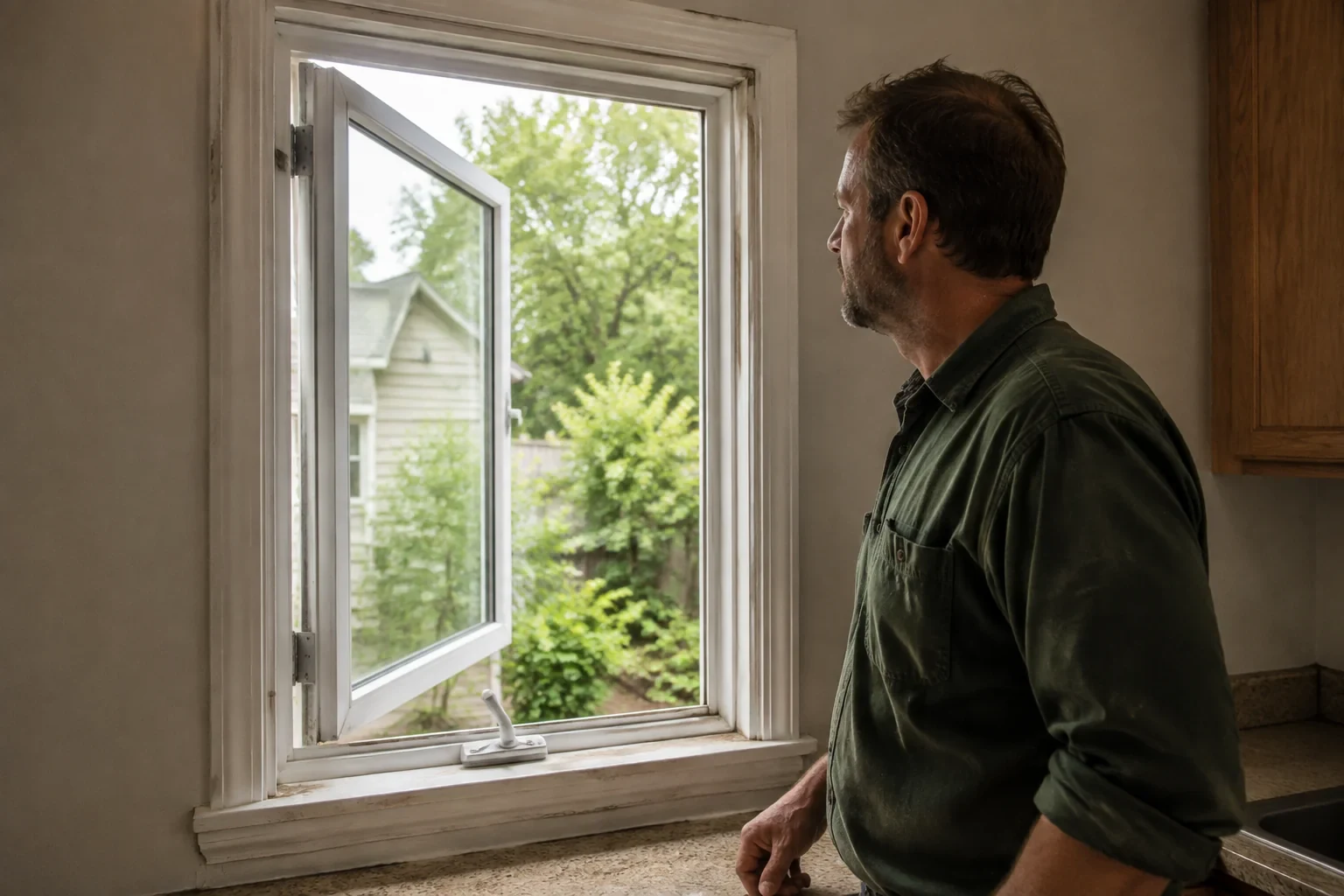 Man looking at an open white side-hinged window with a handle on the sill.