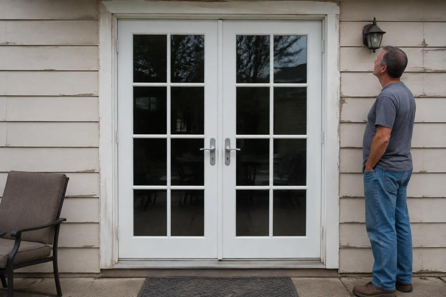Man looking at the upper trim of paired white glazed French doors.
