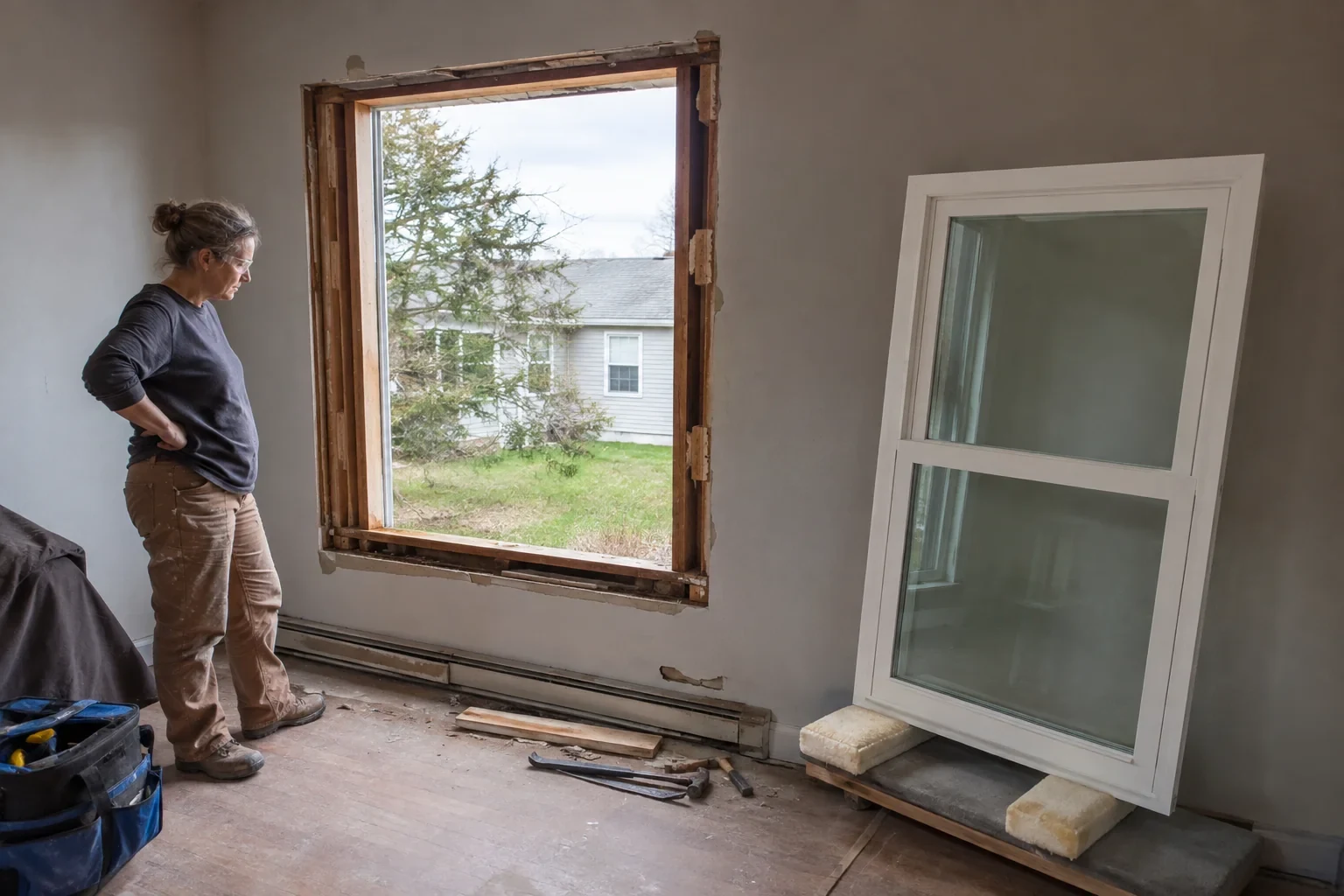 Woman inspecting an exposed window opening beside a separate white replacement window.