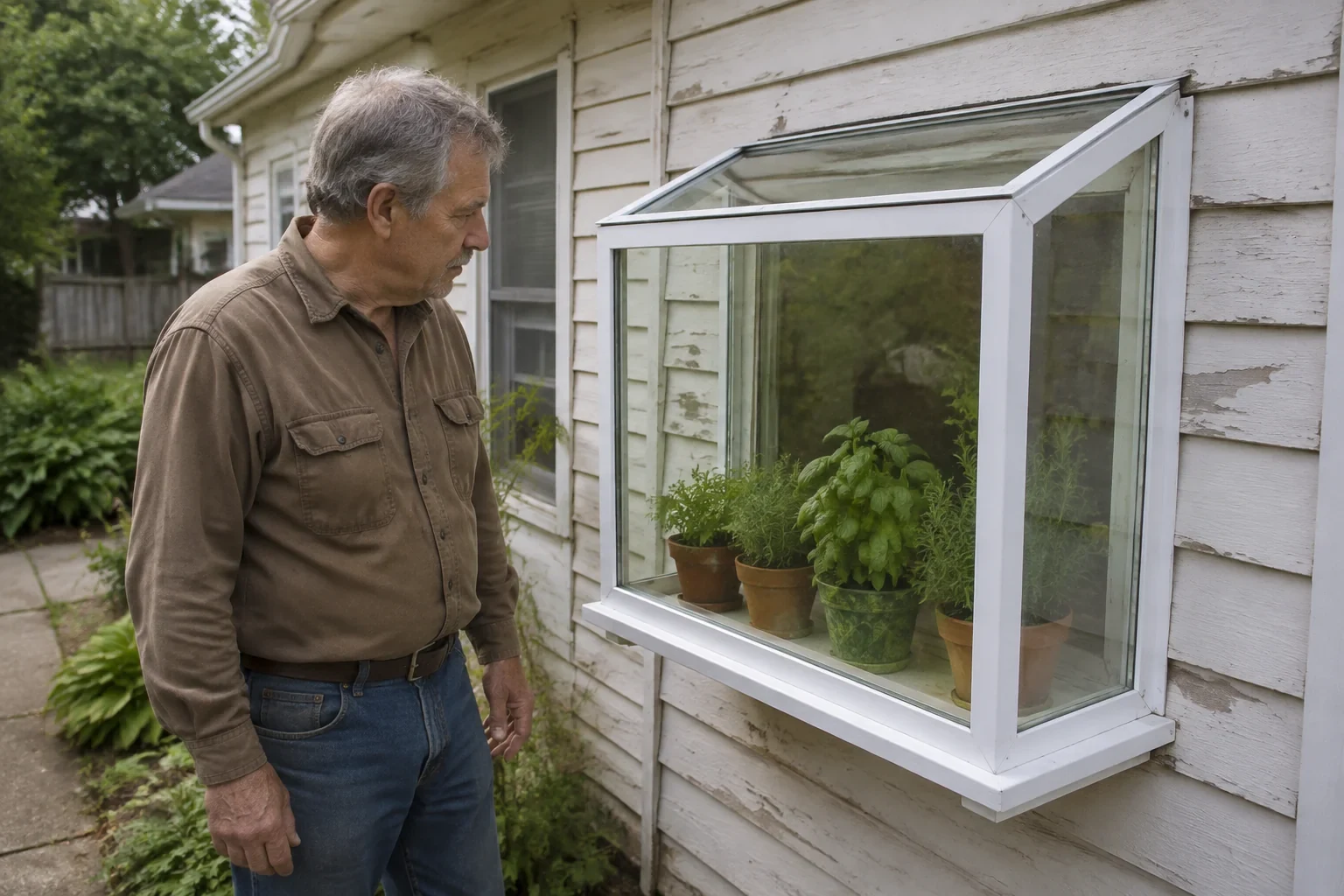 Man beside a projecting garden window with a sloping glass roof and potted herbs.