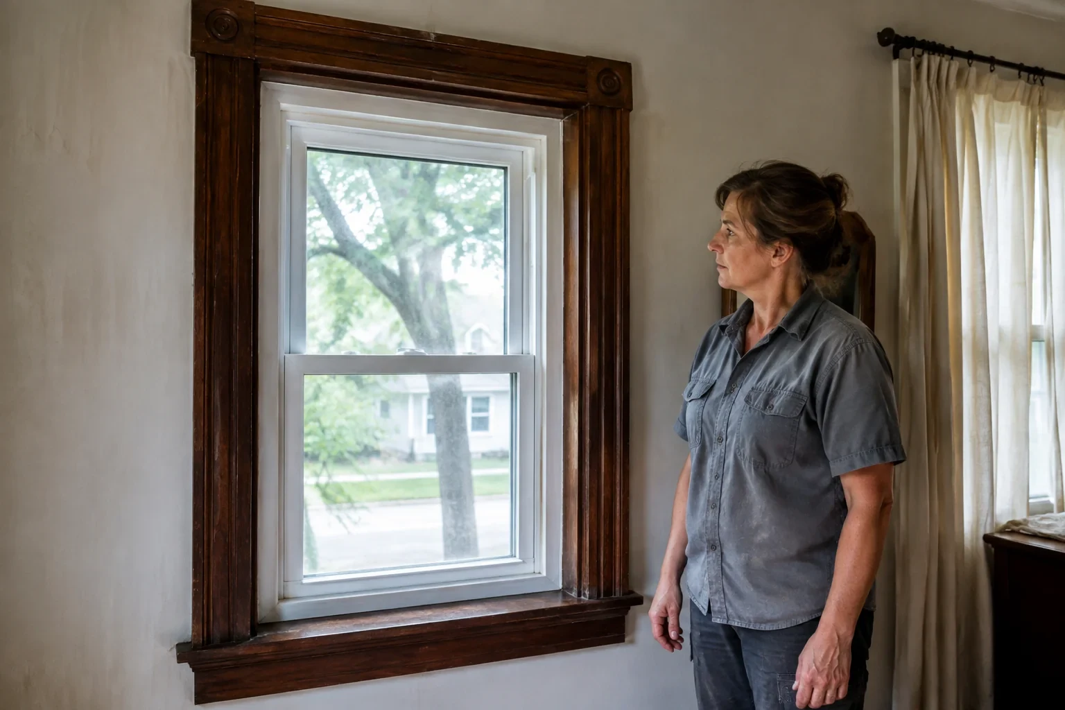 Woman examining a white window set within older dark wood trim.