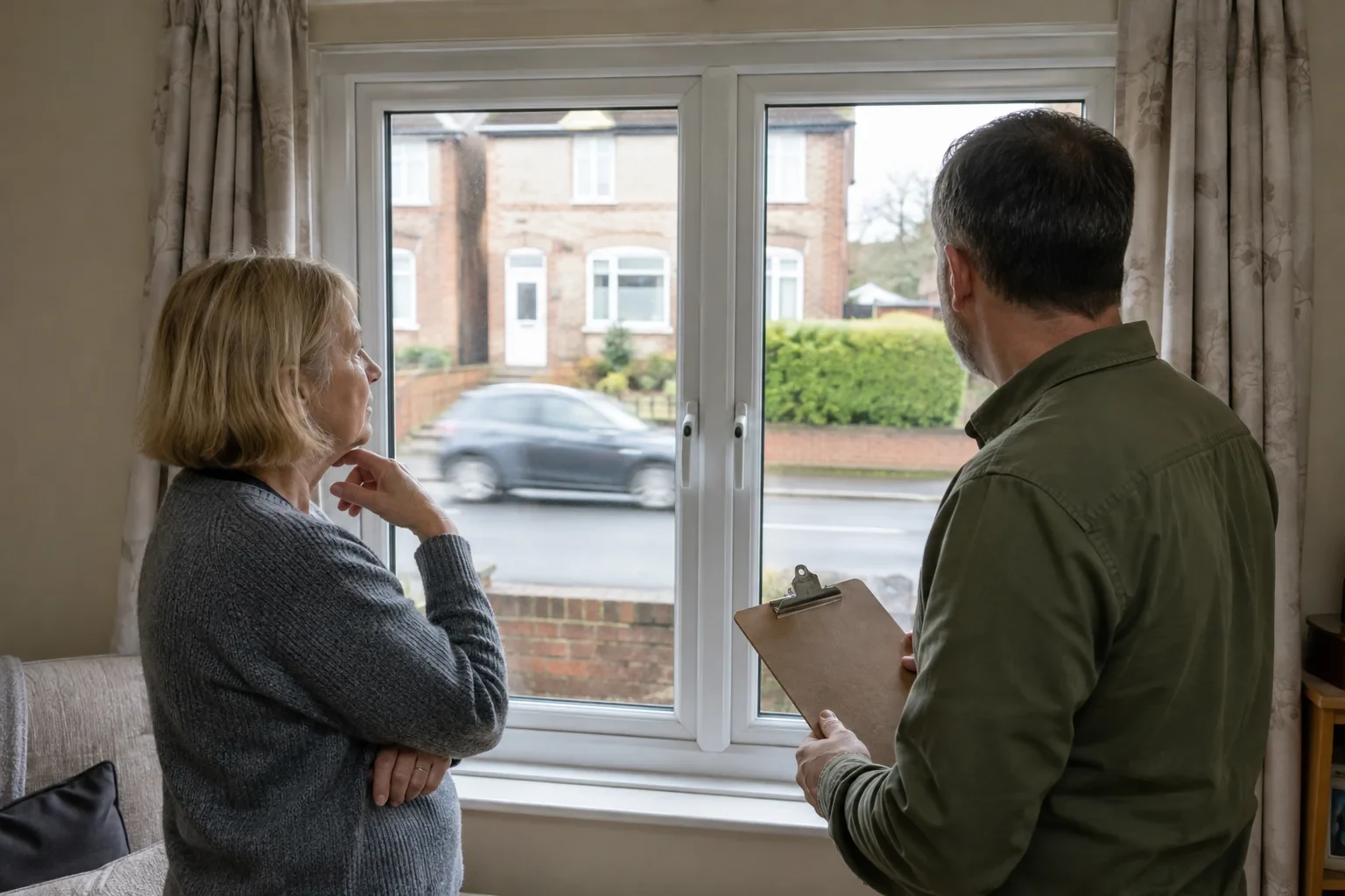 Two people discussing a closed window overlooking a residential street.
