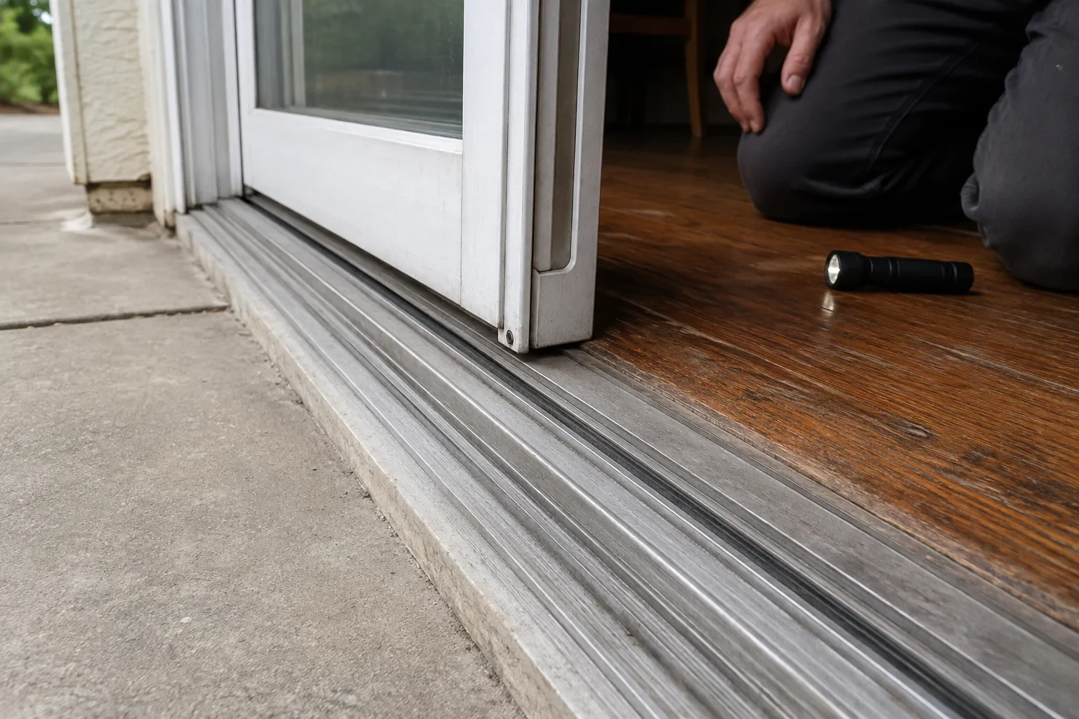 Close view of a sliding patio door track and threshold.