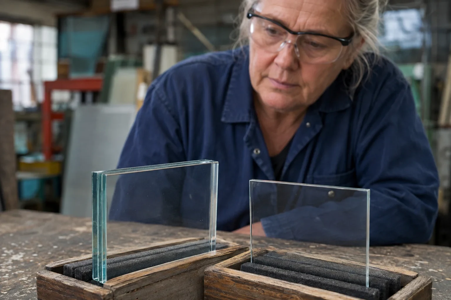 Woman examining clear glass samples in padded holders.