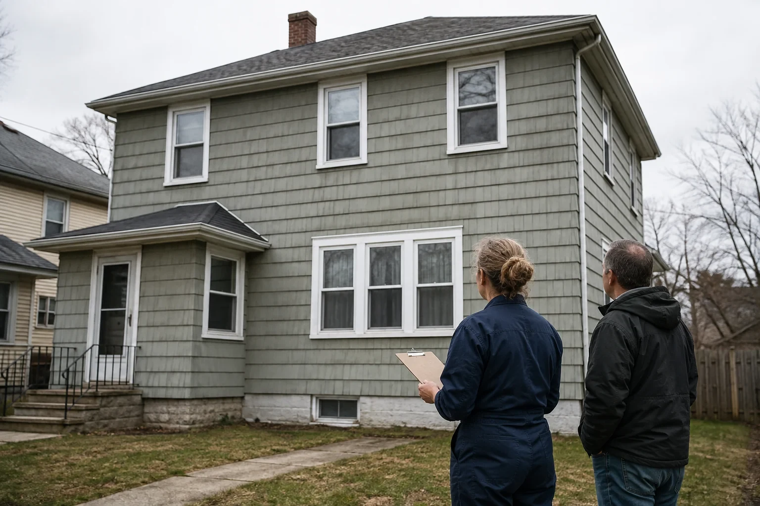 Two people reviewing windows across a two-story house.