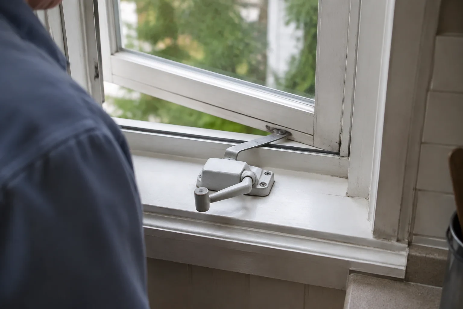 Close view of a metal window crank and arm on a white sill.