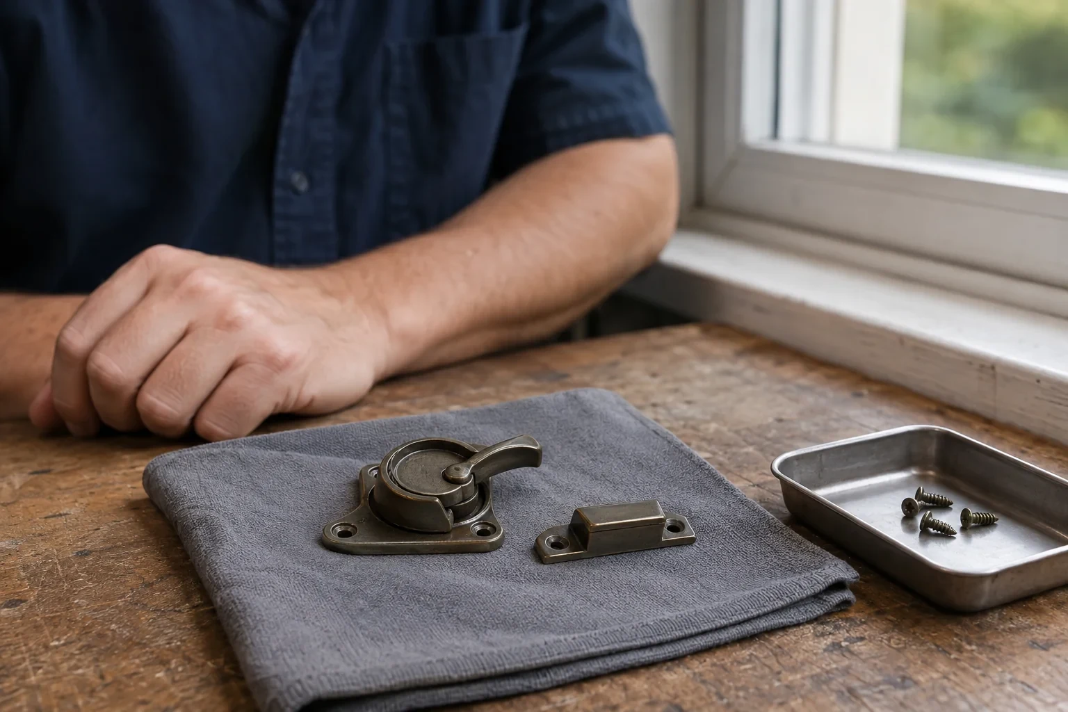 Detached window latch and keeper beside mounting screws on a workbench.