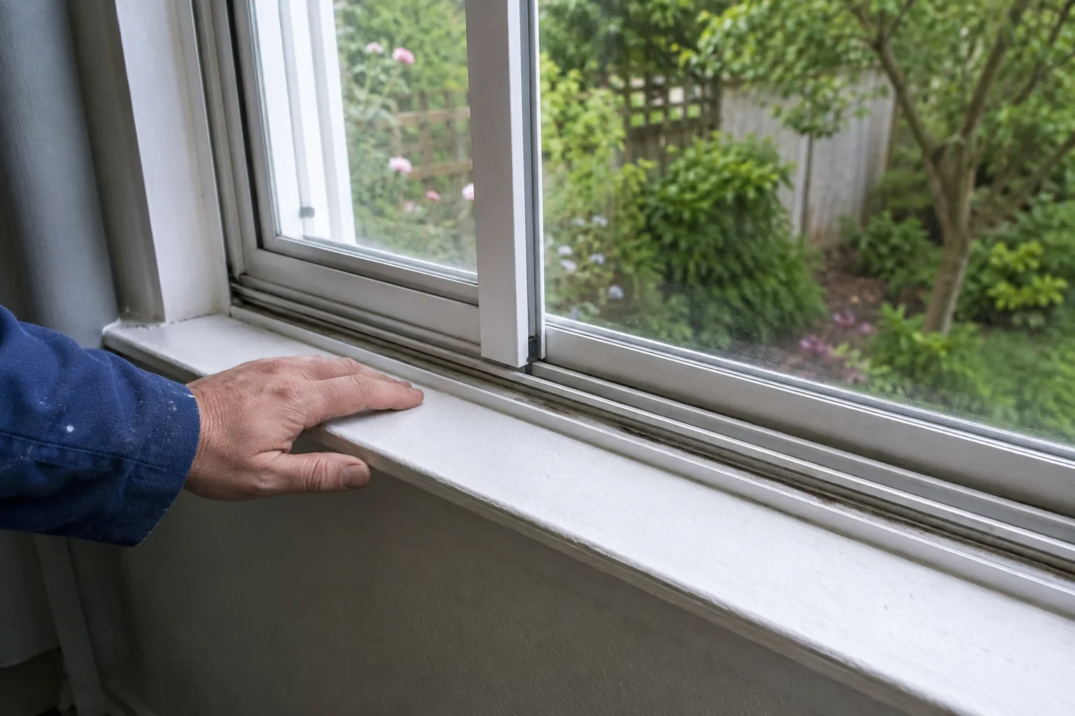 Close view of horizontal sliding-window tracks above a painted sill.