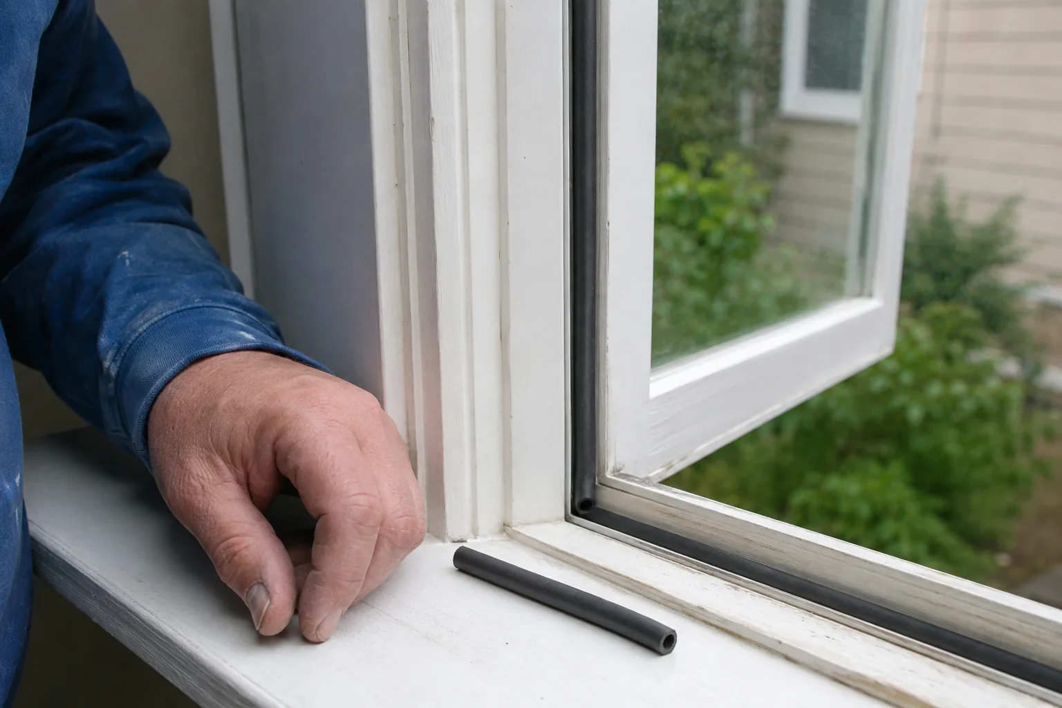 Black window-perimeter gasket and a loose rubber sample beside a technician’s hand.